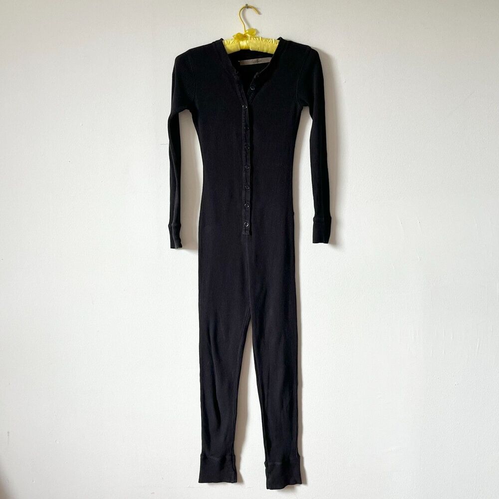 Black Waffle Knit Bodysuit Cotton Made in USA Enya Costa Worn Distressed XS